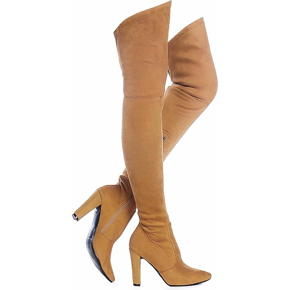 Women Brown Suede Stretch Thigh High Over The Knee Chunky Heel Pointed Toe Boots